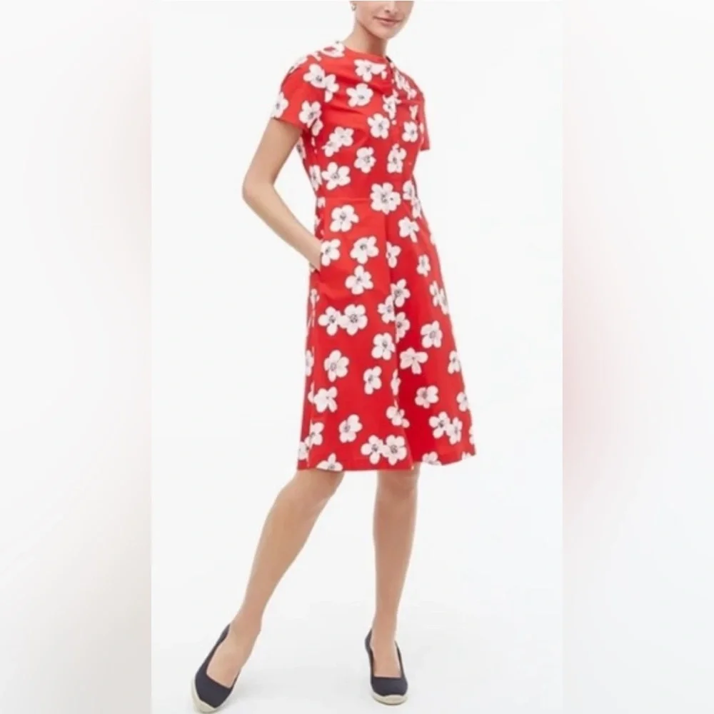 J. Crew Short Sleeve Button-Front Shirt Dress in Red Poppy Print ZB3